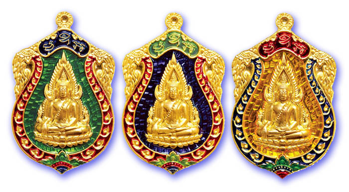 Pra Putta Chinarat Buddha Coin Amulet from Wat Pra Sri Radtana Maha Tat in Pitsanuloke, these versions were made from solid silver with gold plated front face, and glazed with green blue or yellow Rachawadee Enamels